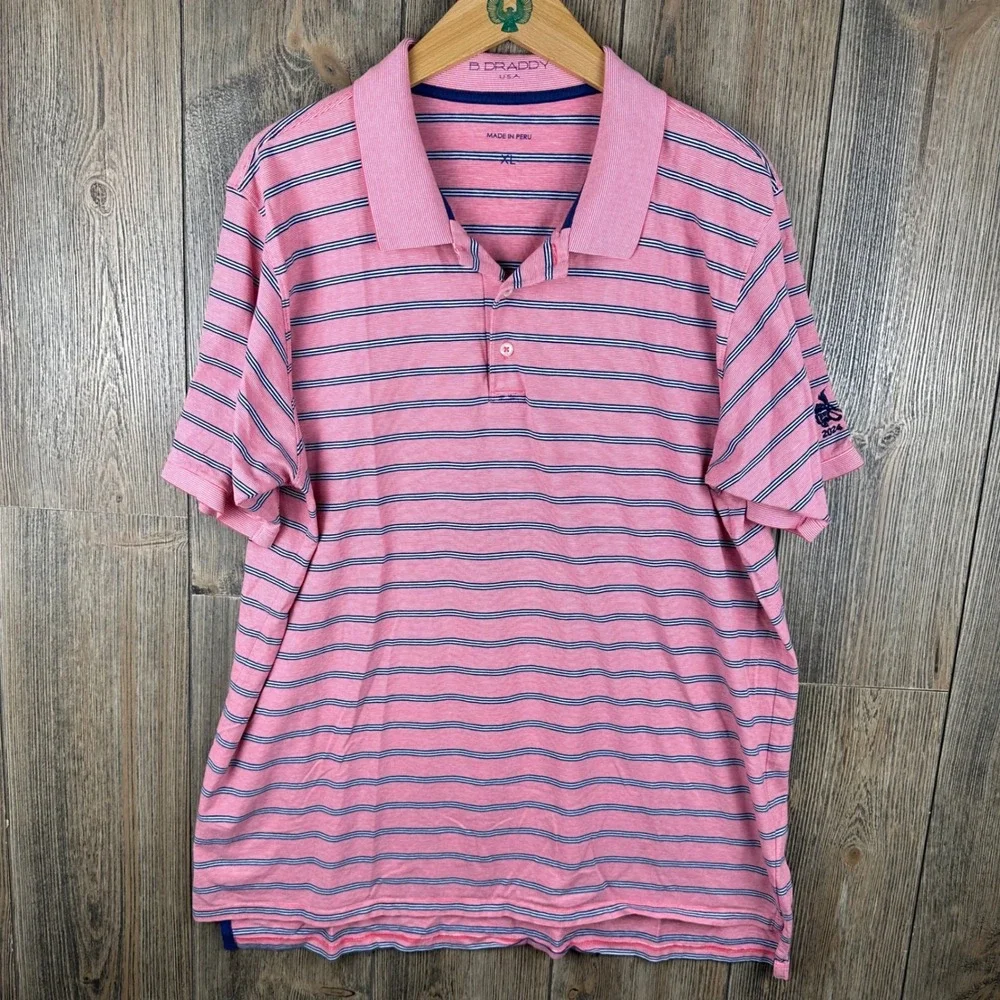 B. Draddy USA Pima Cotton Polo Shirt Mens XL Pink Navy Blue Striped Logo
